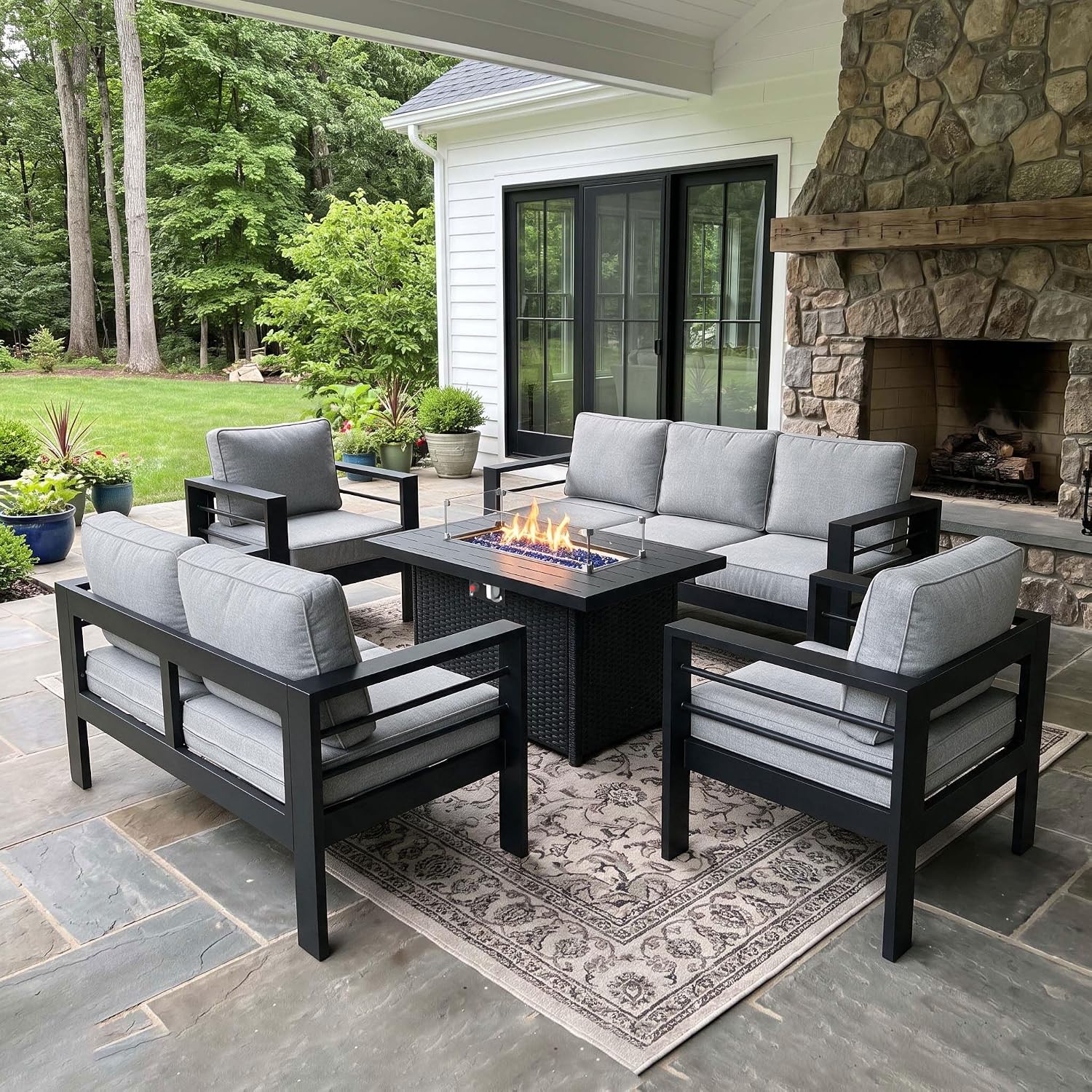 Outdoor Furniture With Fire Pit Table - Conjunto de Móveis de Alumínio para